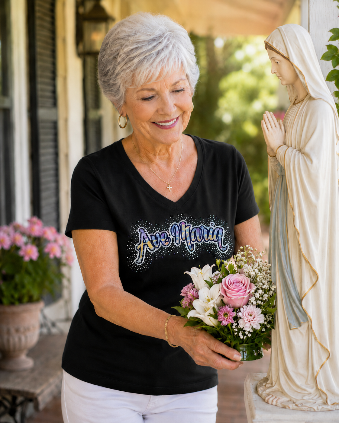Ave Maria Rhinestone & Holographic T-Shirt - Short Sleeve