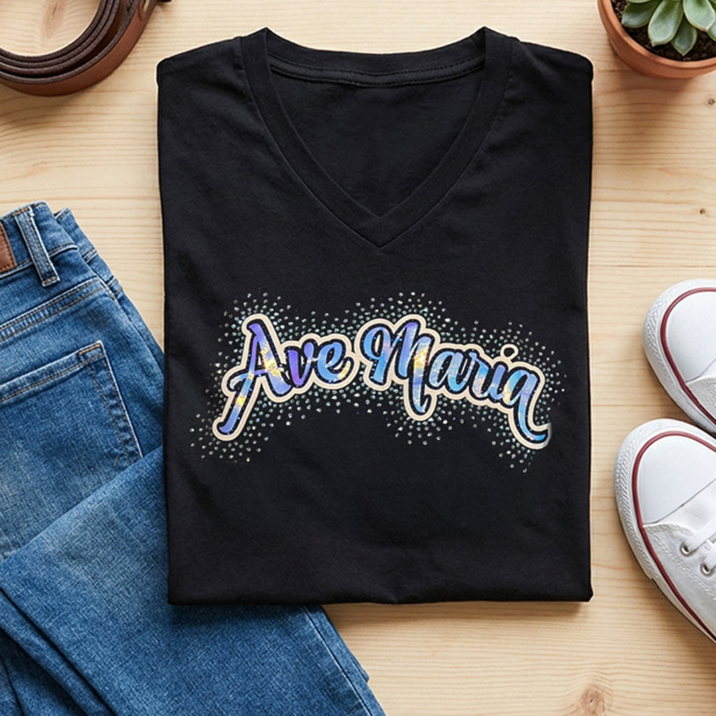 Ave Maria holographic rhinestone black V-neck t-shirt
