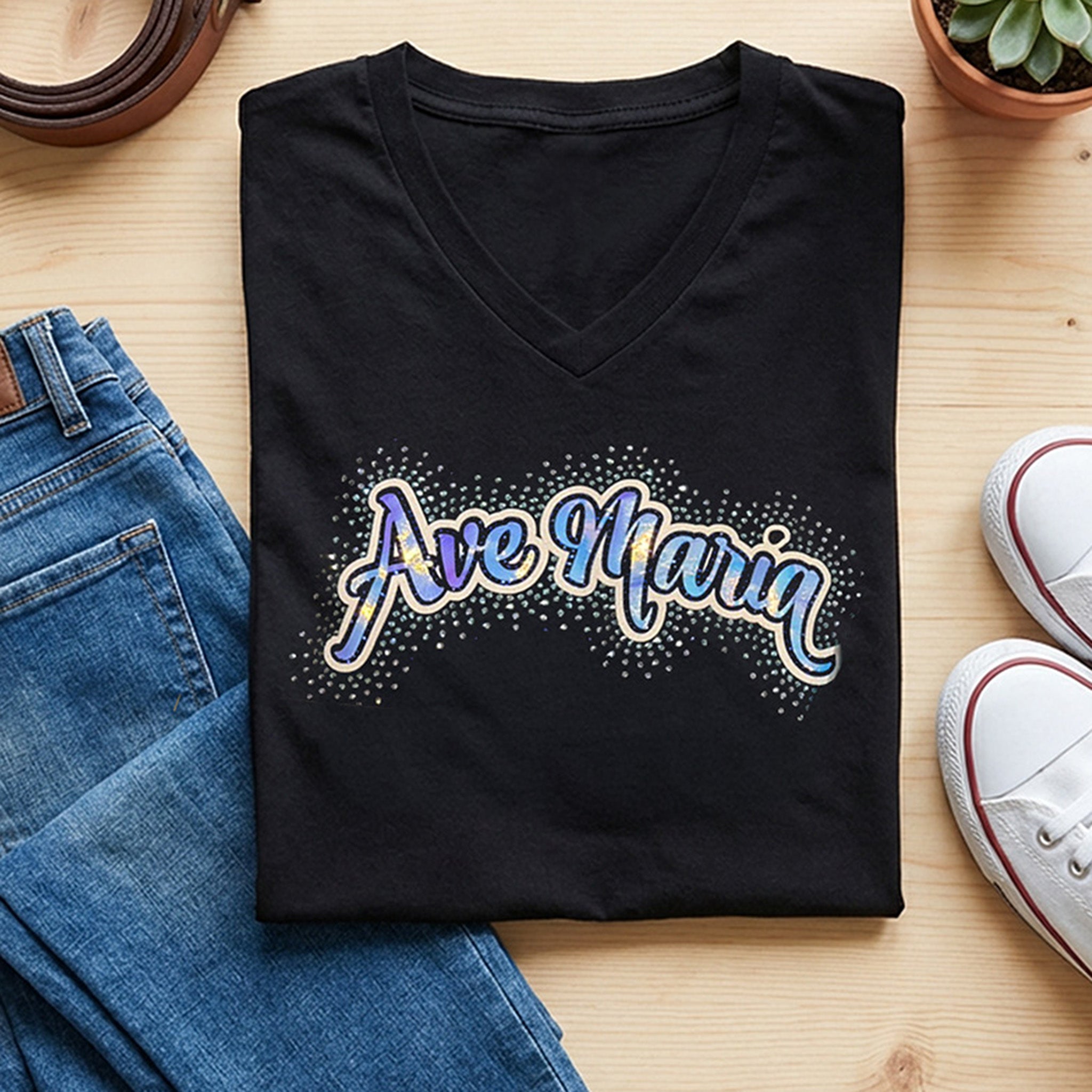 Ave Maria holographic rhinestone black V-neck t-shirt