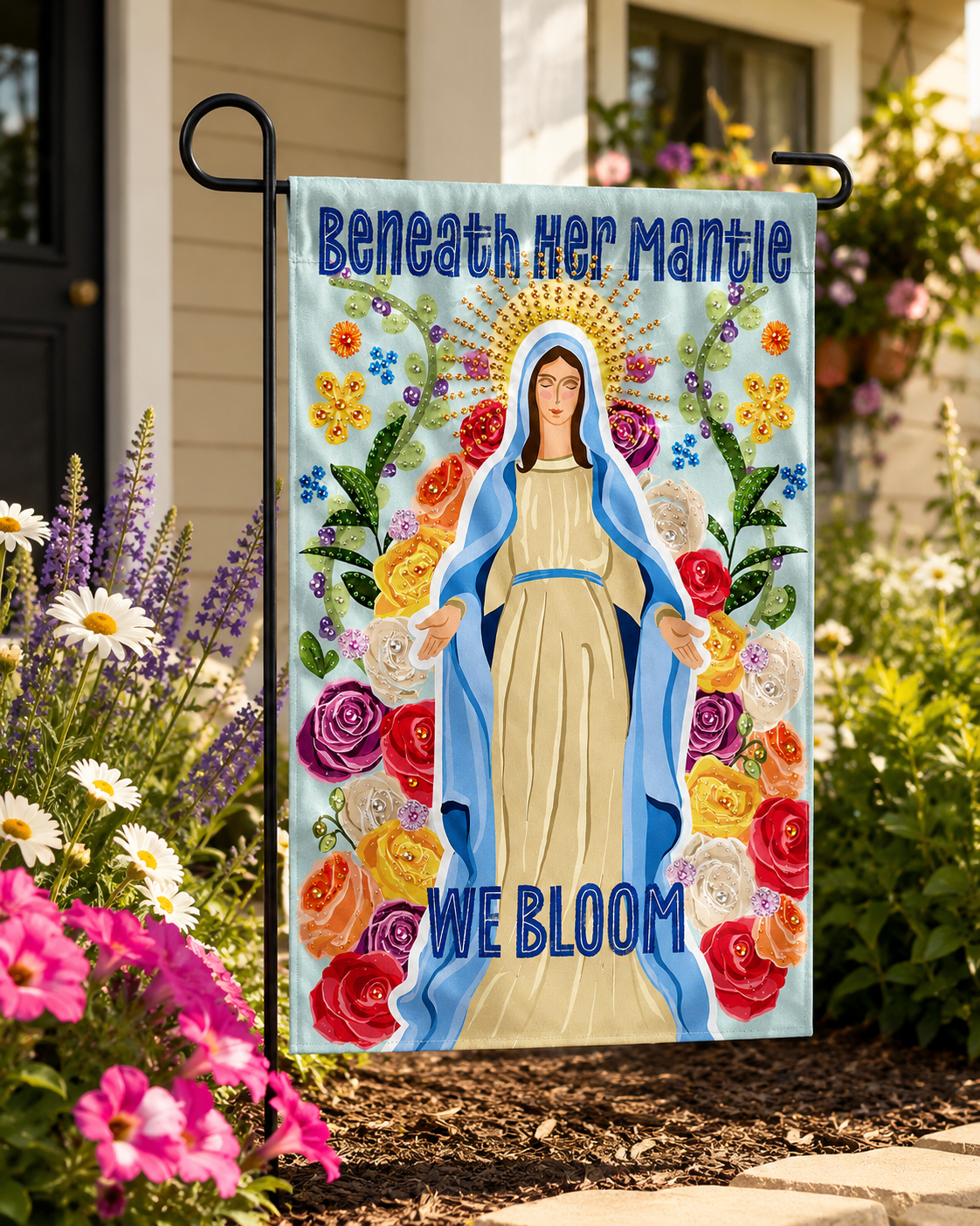 Beneath Her Mantle We Bloom Rhinestone Embellished Garden Flag