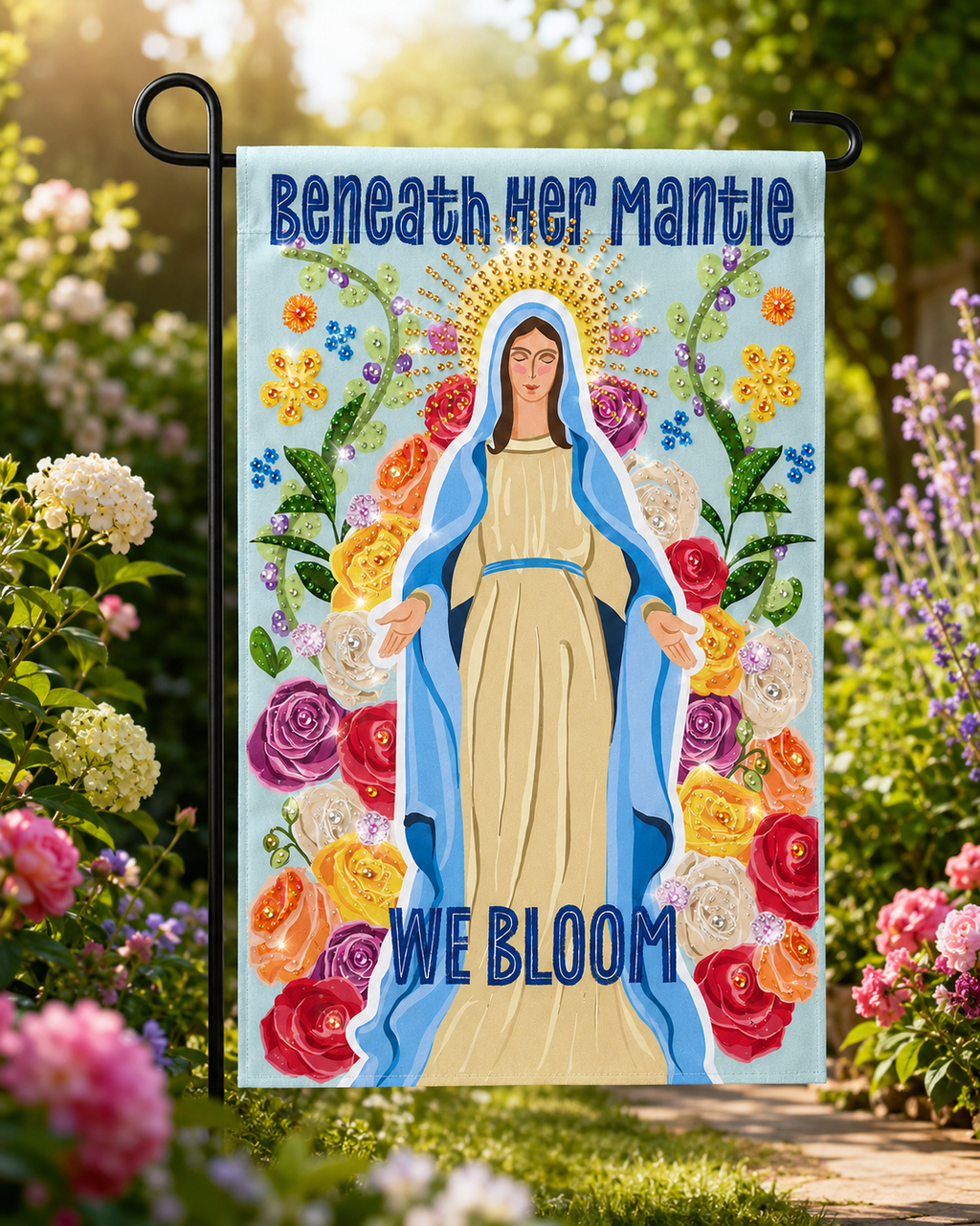 Beneath Her Mantle We Bloom Rhinestone Embellished Garden Flag